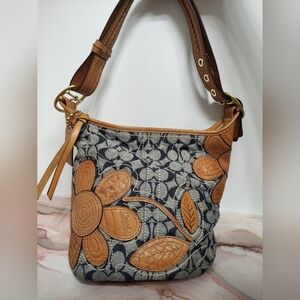 Rare Coach 11781 Bleecker denim Floral Duffle Whiskey Leather Bag